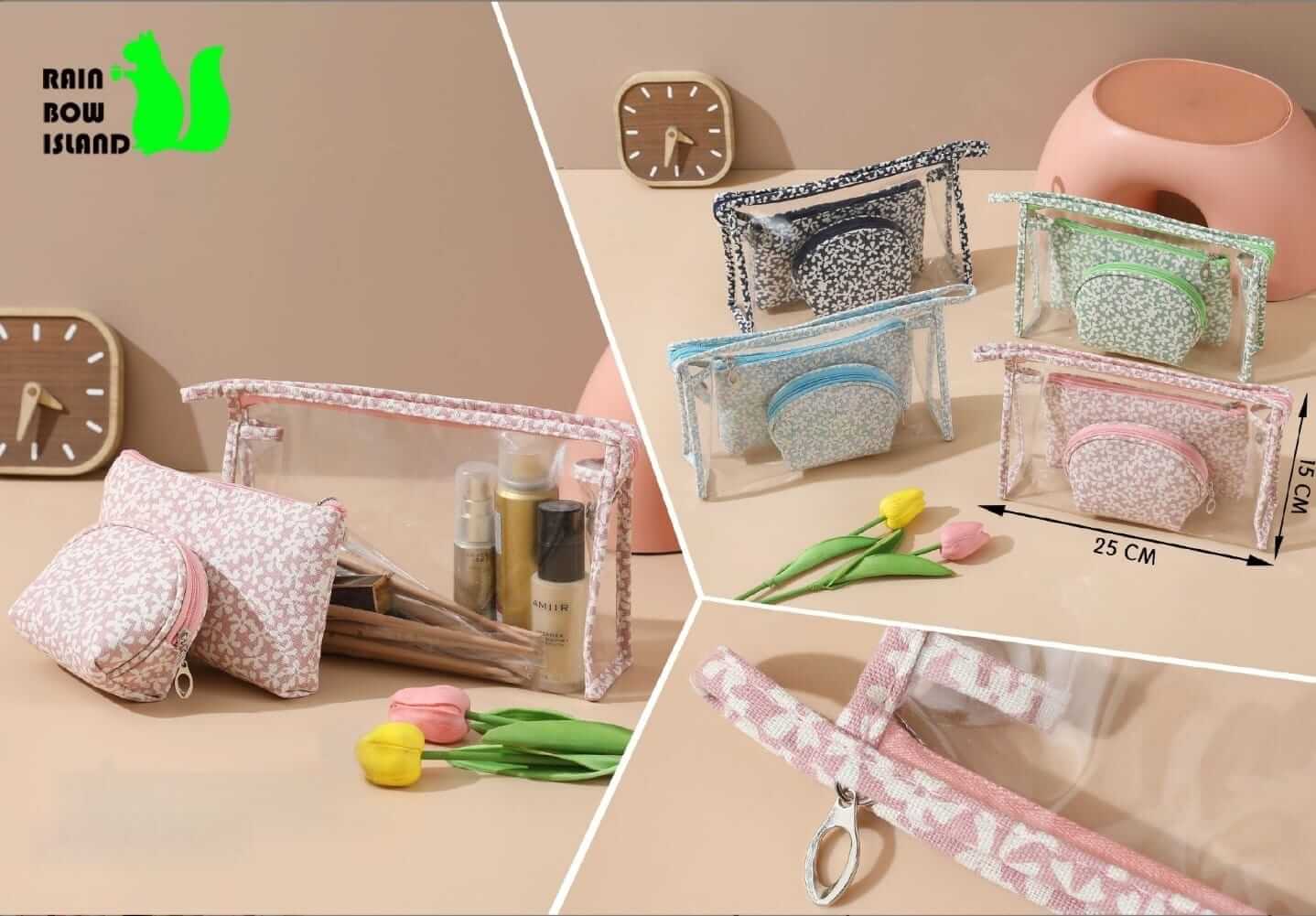 Conjunto de 3 Neceseres Transparentes con Estampado Floral