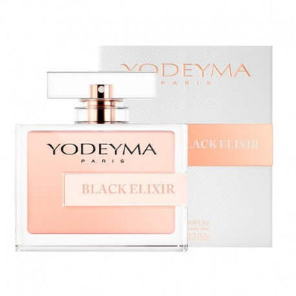 Black Elixir Eau de Parfum 100 ml de Yodeyma, con un diseño de frasco estilizado y un embalaje elegante.