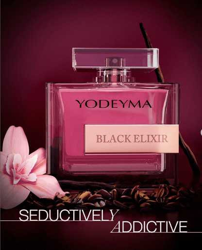 Yodeyma Black Elixir Eau de Parfum, presentado junto a delicadas flores rosas y un diseño elegante, encarna la sensualidad y el encanto.