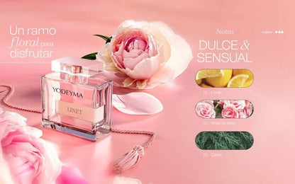 Frasco de perfume Linet de Yodeyma sobre fondo rosa con flores, evocando frescura y feminidad.