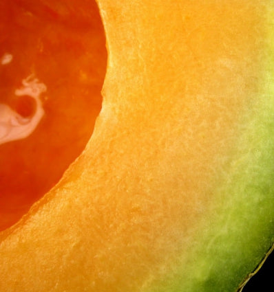 Close-up of a ripe melon slice showcasing vibrant orange and green hues.