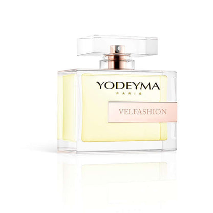 Velfashion Eau de Parfum by Yodeyma in a sleek transparent bottle, 50ml, showcasing a sensual and delicate fragrance.