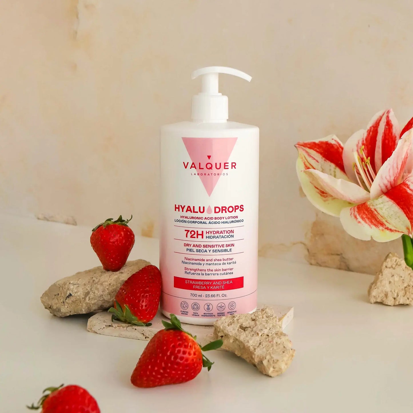 Hyaludrops Loción Corporal Fresa y Karité – Hidratación 72H - 700 ml